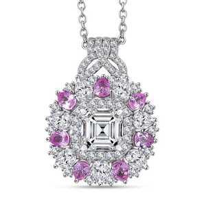 Asscher Cut Moissanite and Pink Sapphire 4.80 ctw Majestic Orchid Pendant - Picture 1 of 6