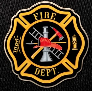 PEGATINA DEPARTAMENTO DE BOMBEROS "LOGO BOMBERO" 2 1/2 X 2 1/2" BRILLANTE GRUESA IMPERMEABLE - Imagen 1 de 2