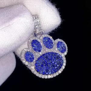 4CT Round Cut Lab Created Sapphire Men's Dog's Paw Pendant 14K White Gold Finish - Picture 1 of 3