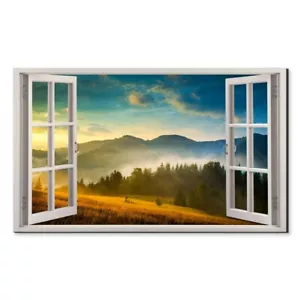Sunset Over Mountains Lake Window View Wall Art Canvas Unframed Print Art - Picture 1 of 2