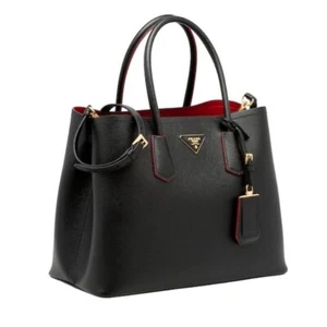 NEW! PRADA Saffiano Cuir Medium Leather Double Bag, Black/Fiery Red, 1BG756 - Picture 1 of 12