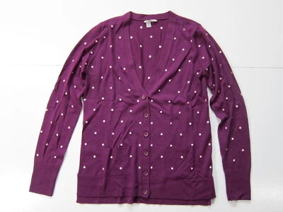 Halogen 100% Wool Purple White Polka Dot V-Neck Cardigan Sweater Women Small  - Image 1 of 4