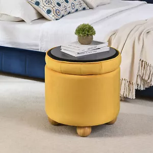 Mesa de centro otomana de almacenamiento redondo de franela de 18,70" con patas de madera amarilla - Imagen 1 de 12