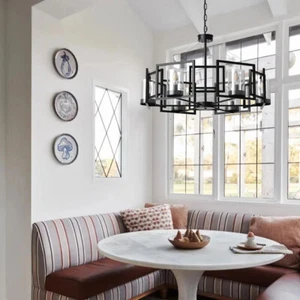 Open Angular Silhouette 6-Light Dimmable Drum Chandelier Cylindrical Glass Shade - Picture 1 of 18