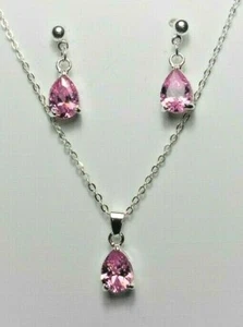 Pink teardrop pendant + earring studs, glass, 17" + 2" silver chain, gift box - Picture 1 of 3