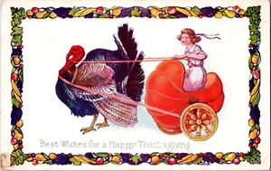 Vintage Thanksgiving Postcard Turkey Fantasy Girl Riding Pumpkin Chariot Embosse - Picture 1 of 2