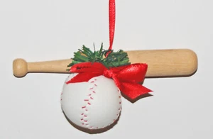 CHRISTMAS ORNAMENT BASEBALL HANGING HOLLY FABRIC BALL WOOD BAT MLB LITTLE LEAGUE - Picture 1 of 1
