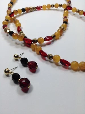 Vintage 1928 Gold Toned, Red Burn Orange Black & Gold Beaded Necklace & Earrings - Image 1 of 4