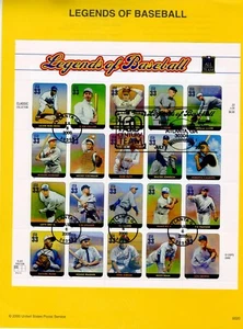2000 USPS Souvenir Page 33¢ LEGENDS OF BASEBALL SHEET OF 20 #0020 Archival Paper - Picture 1 of 2
