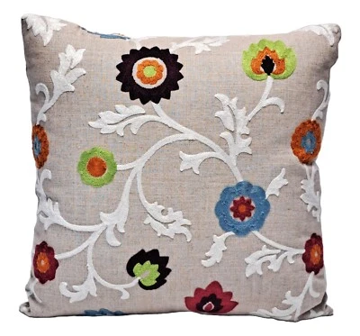Crewel Embroidered Floral 20" Decorative Throw Pillow Cover linen - Image 1 of 4