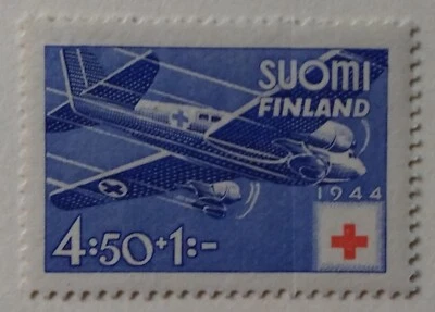 芬兰半邮政邮票,1944 年二战时代,sc#B63,完好,全新无标签,OG,红十字飞机 — 第 1/2 张图片