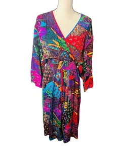 Vintage 80s Diane Freis 100% Silk Multicolored Colorful Dress Psychedelic - Picture 1 of 17