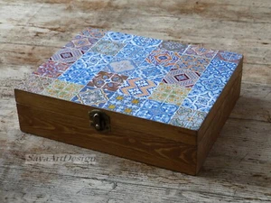 Caja de Té de Madera Pintada y Bandeja de Té Opcional. Imitación Cerámica. - Imagen 1 de 16