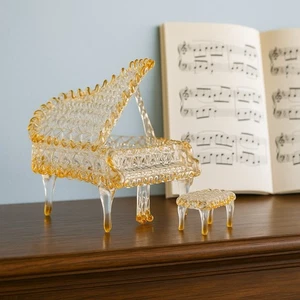 Vintage 1990s Spun Glass Baby Grand Piano & Bench Clear/Amber, 5x4.5” - Picture 1 of 16