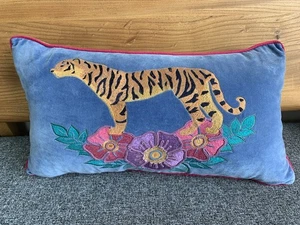 Wild Tiger Velvet Cushion Embroidered Flowers My Doris Feather Inner 55x30cm - Picture 1 of 6