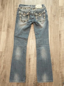 Miss Me Jeans Bootcut Size 27 Embellished Flap Pockets Distressed Bling Boot Cut - Picture 1 of 13
