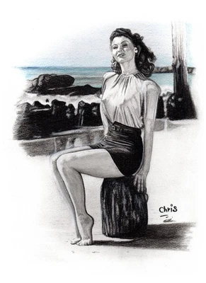 RITA HAYWORTH  - Dessin ORIGINAL A4 au fusain sur feuille à grain. - Photo 1/3