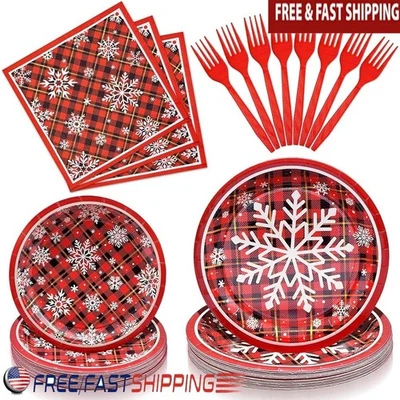 圣诞雪花格子餐具套装 96 件套一次性盘子叉餐巾美国 — 第 1/4 张图片