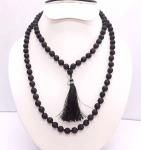 Black Lava Necklace 108 Mala Necklace for Man Women Hand Knotted Lava Rock Long - Picture 1 of 4
