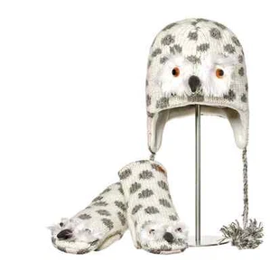 ADULT gray grey Snowy Owl Knit HAT + MITTENS SET mens women's bird FLEECE LINED - Foto 1 di 5