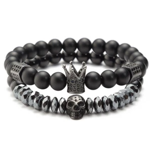 7" Black Matte Zircon Gemstone King Crown Skull Bead Bracelets 2pcs/set - Picture 1 of 6