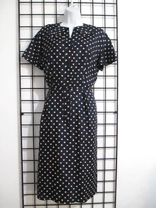 VINTAGE NELLY DON 🌸SZ 6 / 8 / 40" BUST==NAVY BLUE & BEIGE POLKA DOT / DRESS - Picture 1 of 10