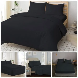 Plain Dyed Black Colour 100% Egyptian Cotton T200 Customisable Soft Bedding Set - Picture 1 of 14
