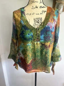 coldwater creek Blouse Bohemian 100% Silk Artsy Sheer Size PM - Picture 1 of 12