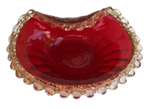 Murano Mid-Century Art Glass Ruby Red Gold Flakes Controlled Bubble Bowl Vintage - Picture 1 of 10