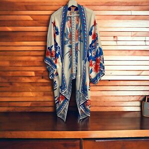 Flying Tomato Anthropologie Womens Kimono Size S/M White Blue Floral Long Duster