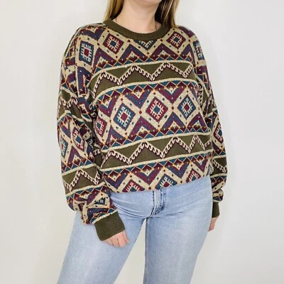 Suéter Pullover Vintage Claiborne Psicodélico Argyle Hip Hop Colorido Crew Med Foto 1 de 4