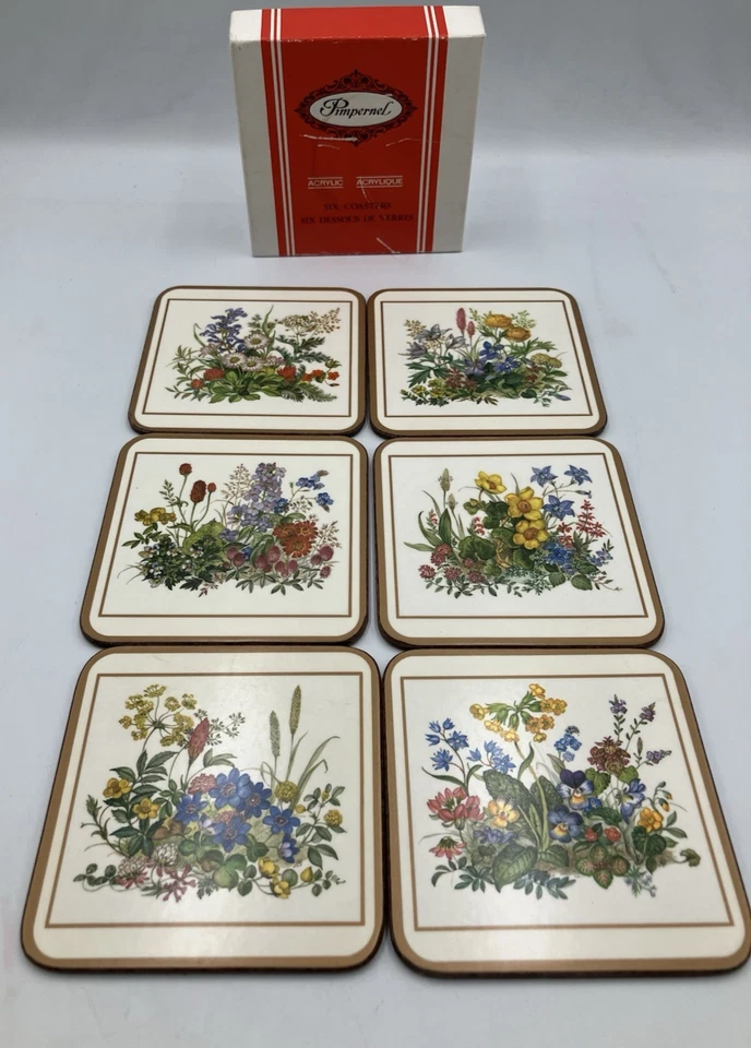 Vintage Pimpernel Coasters Meadow Flowers 6 Cork Back England Floral Garden - Image 1 of 4
