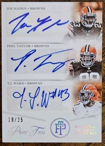 2013 NATIONAL TREASURES PRIME TRIOS /25 JOE HADEN, TAYLOR, T.J. WARD AUTOS READ - Picture 1 of 14