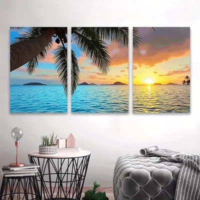 3pcs Tropical Beach Sunset Palm Ocean View Wall Art Canvas Unframed/Framed - Image 1 of 4