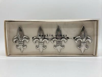 Pier 1 Fleur De Lis Napkin Rings One Set Of 4 Nickel Plated New in Box - Изображение 1 из 4