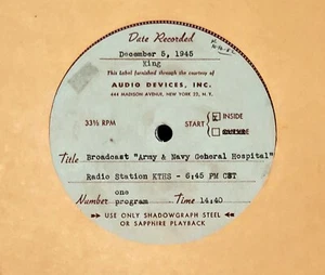 Vintage Hartford Quartet/General Hospital - 16" Transcription Disk - Dec 05 1945 - Picture 1 of 4
