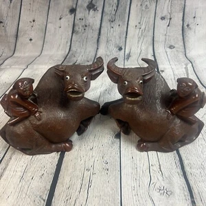 Paar antike chinesische geschnitzte Holzwasserbüffelochse Kinderstatuen schwer! - Bild 1 von 20
