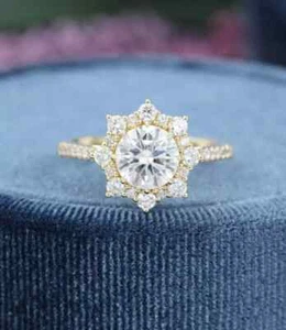 2.10Ct Round Cut Lab-Created Diamond Halo Engagement Ring 14K Yellow Gold Plated - Picture 1 of 4
