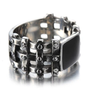 Retro Woven Fence Black Enamel Ring Stainless Steel Men's Jewelry Biker Ring New - Picture 1 of 6