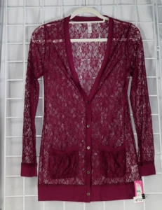 NEW Sheer Lace Cardigan Womens Size M Maroon Lightweight Button Front Pockets - Picture 1 of 6