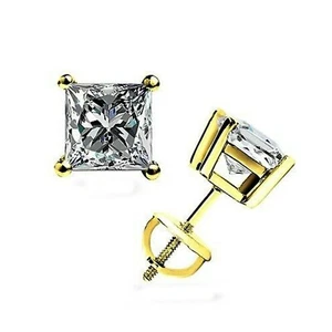 1.6 Ct Princess Stud Earrings Moissanite 14K Yellow Gold Plated Silver ScrewBack - Picture 1 of 6