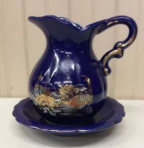 Cobalt Blue Pitcher And Plate With Peacock (A) - Picture 1 of 8