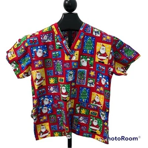 Peaches Women’s XS Christmas Red Santa Snowman Stars Presents Scrub Top - Picture 1 of 4