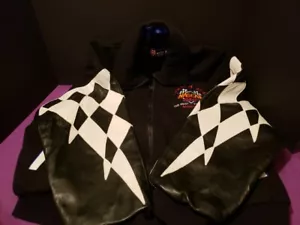 Chaqueta de Cuero NASCAR Para Hombres Bombardero Bandera a Cuadros NASHVILLE Café Talla M De Colección - Imagen 1 de 14