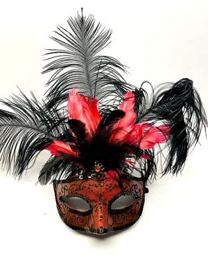 Vintage Black & Red Masquerade Mask With Feathers  - Image 1 of 4