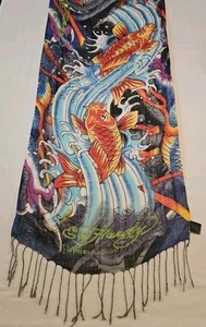 RIESIGER Ed Hardy Christian Audigier Seide Rechteck Schal Fransen Koi Fisch 72" Y2K - Bild 1 von 7