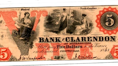 $5 (BANK OF CLARENDON) "ORANGE PRINT" $5 (NORTH CAROLINA)  BEAUTY!!! CRISPY!!!!! - Image 1 of 3