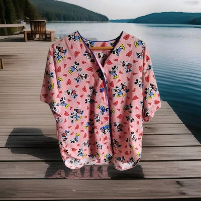 Women's Disney Mickey Minnie Valentine's  Red  Love Scrub Button Up Top Size L - Image 1 of 4