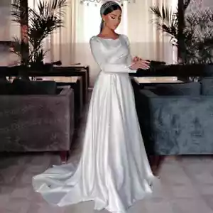 Abiti da sposa musulmani bianchi di lusso scollo a scoop maniche lunghe raso abiti da sposa - Foto 1 di 9