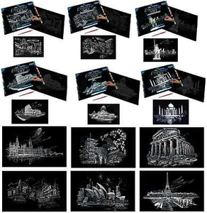 GRANDES KITS DE ARTE DE GRABADO PLATEADO A3 Y HERRAMIENTA RASPADORA 12 MONUMENTOS FAMOSOS EN TODO EL MUNDO - Imagen 1 de 11